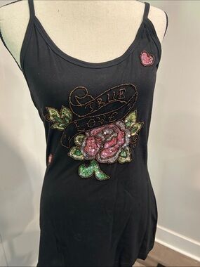 Wet Seal Black Beaded Rose Camisole with Sequin Heart